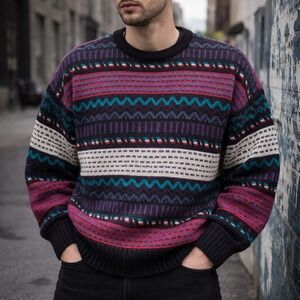 Vintage 90s Atlantic Traders Sweater Striped Crewneck Korea Made Men's Large